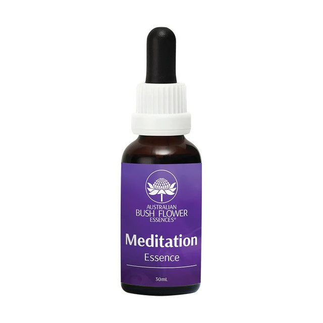 A 30ml bottle of Australian Bush Flower Meditation Essence, designed to deepen spiritual practice, enhance access to the Higher Self, promote psychic protection, and support aura healing during meditation