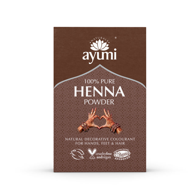 Image of Ayumi Pure Henna Powder Hair in 100g packaging, highlighting natural herbal ingredients for hair strengthening and volume restoration