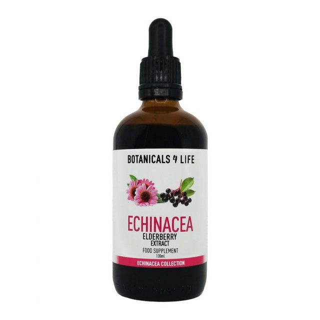 A 100ml bottle of Botanicals 4 Life Echinacea and Elderberry Extract featuring a transparent glass container with a dropper cap, showcasing the label detailing ingredients and usage instructions, set against a plain background