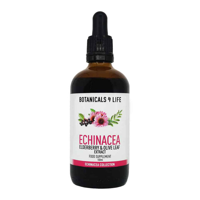 A 100ml bottle of Botanicals 4 Life Echinacea, Elderberry & Olive Leaf Extract with detailed label showing natural herbal ingredients and packaging