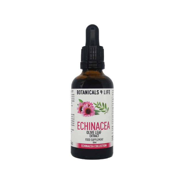 A 50ml bottle of Botanicals 4 Life Echinacea & Olive Leaf Extract showcasing its natural herbal supplement with a label highlighting concentrated antioxidants and unique triple extraction process