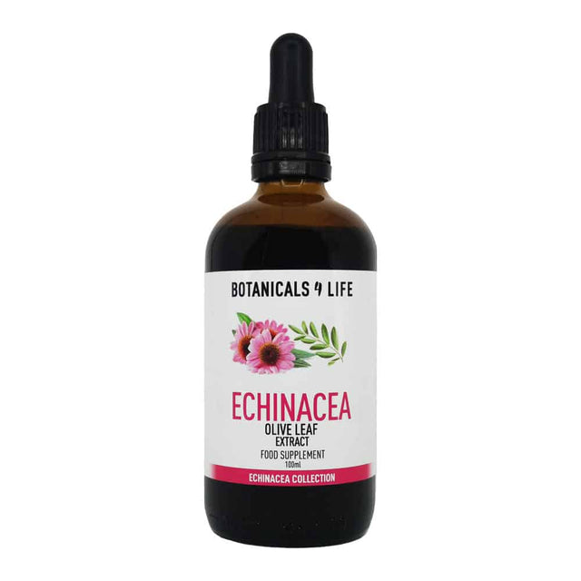 A 100ml bottle of Botanicals 4 Life Echinacea & Olive Leaf Extract showcasing the amber glass container with a dropper cap, highlighting the natural herbal supplement designed for seasonal support, containing concentrated extracts of echinacea root and olive leaf in vegetable glycerine and purified water