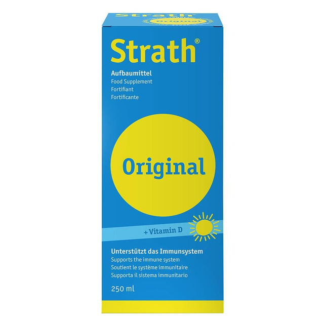 A 250ml bottle of Strath Liquid with Vitamin D3, featuring a label highlighting immune support and essential nutrients for bone and muscle health