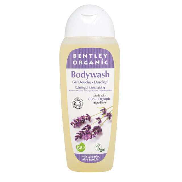 A 250ml bottle of Bentley Organic Calming and Moisturising Bodywash featuring lavender essential oil, aloe vera, and jojoba oil, designed for sensitive skin and certified organic, with gentle cleansing properties and a calming scent