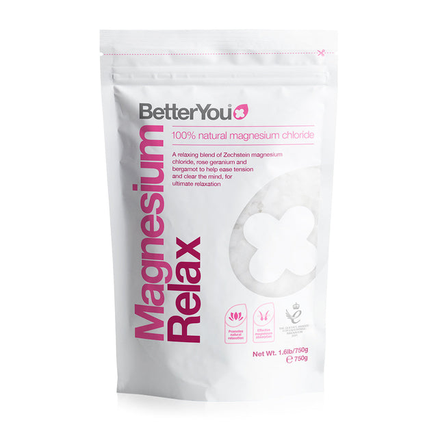 A close-up image of BetterYou Magnesium Flakes Relax, a 750g jar containing natural Zechstein magnesium chloride flakes with rose geranium and bergamot oils, used for relaxing baths and promoting overall wellbeing