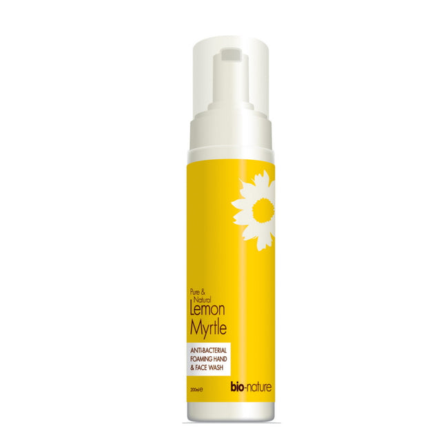 A 200ml bottle of Bio-Nature Lemon Myrtle Antibacterial Handwash showing natural ingredients and environmentally friendly formulation for gentle cleansing of hands and face