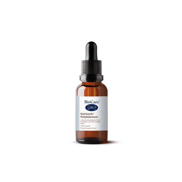 Liquid molybdenum supplement in a clear, simple water base bottle for easy dosage