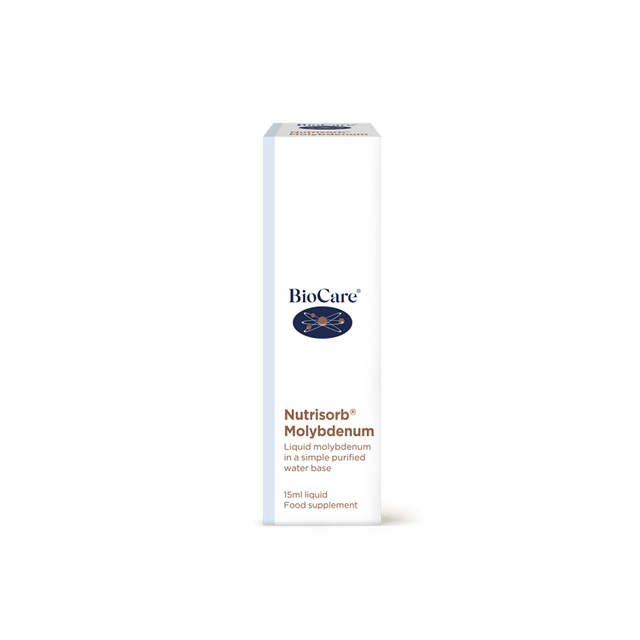 A close-up of the 15ml BioCare Nutrisorb Molybdenum dropper bottle, highlighting its recyclable packaging and clean design for convenient use