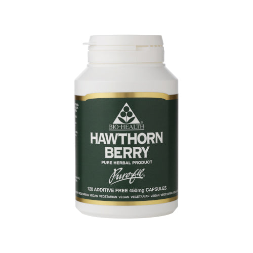 A close-up image of Bio Health Hawthorn Berry capsules, showcasing 120 red and green capsules containing 450mg of hawthorn berry extract, used as a heart and circulatory tonic to support blood pressure and heart health