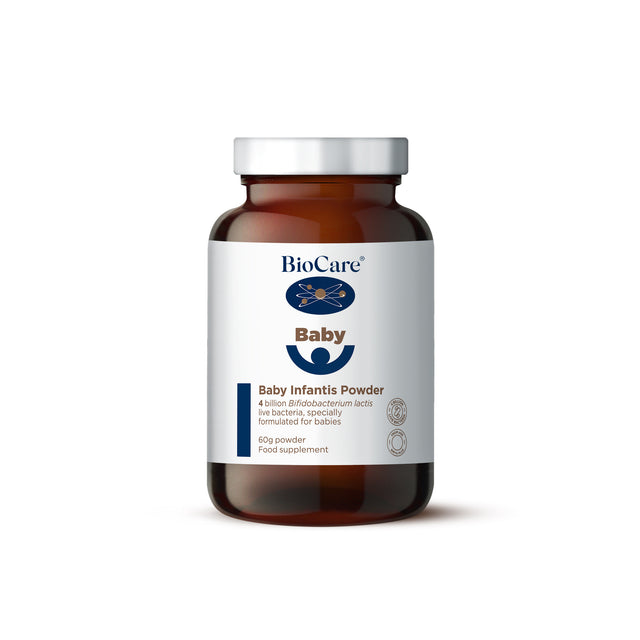 A 60g container of Biocare Baby Infantis Powder, a probiotic supplement with live Bifidobacterium lactis bacteria, designed for infants from birth to weaning, featuring a recyclable packaging and a spoon for daily use