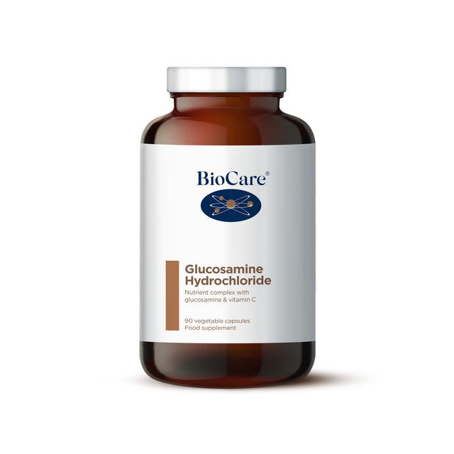 A bottle of Biocare Glucosamine Hydrochloride capsules with detailed label information, highlighting high-strength glucosamine and added vitamin C for collagen support, in recyclable packaging