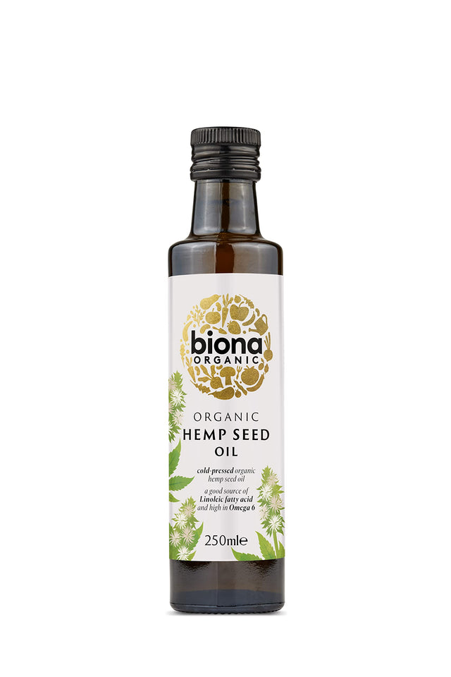 A 250ml bottle of Biona Organic Hempseed Oil, cold-pressed and unrefined, showcasing a transparent glass container with a black screw cap, highlighting the pure, golden-green hemp seed oil inside, with Biona branding on the label emphasizing its organic and nutritional qualities