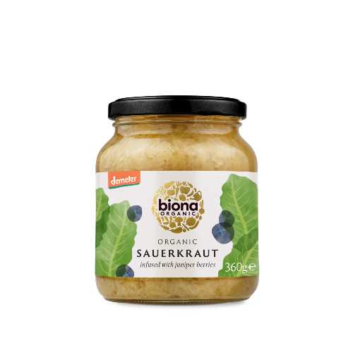 A jar of Biona Organic Sauerkraut made from white cabbage, sea salt, and juniper berries in a 350g container, ideal as a tasty side dish for salads, grilled vegetables, or veggie hot dogs