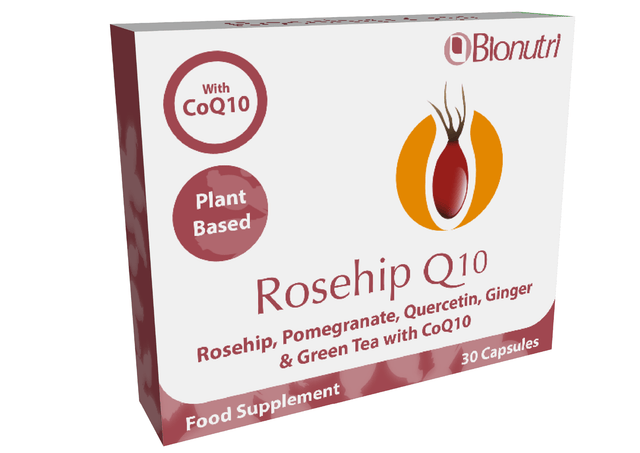 Bottle of Bionutri Rosehip Q10 capsules containing a blend of botanicals including rosehip, ginger root, pomegranate hulls, green tea extract, coenzyme Q10, and quercetin, suitable for vegetarians and vegans