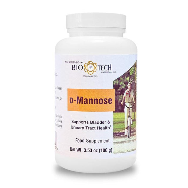 A close-up of a 100g jar of Biotech D-Mannose Powder showing the label and measuring spoon with powder, highlighting the product's natural remedy for urinary tract infections