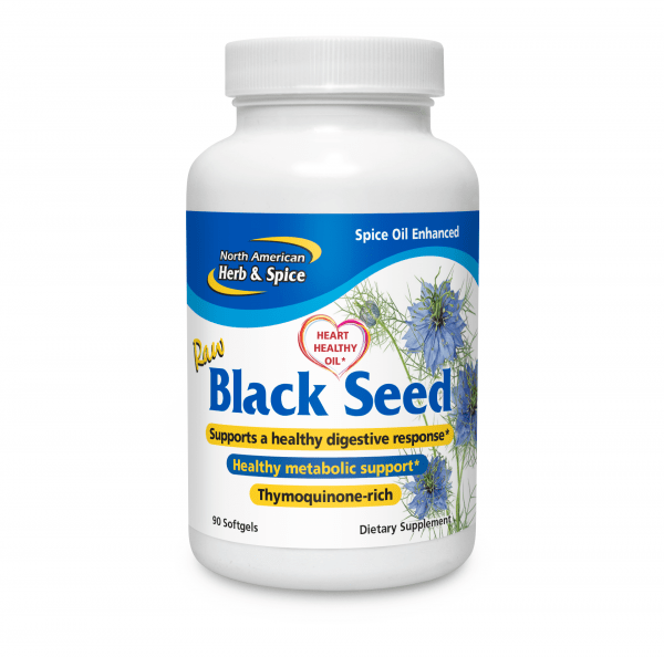 A bottle of North American Herb & Spice Blackseed Oil capsules with detailed product label highlighting natural ingredients and proprietary blend of Mediterranean Nigella Sativa, wild oregano, wild rosemary, cumin, and fennel