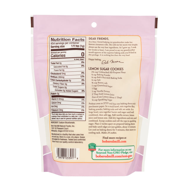 Close-up of the baking soda box showing the product label and ingredients list