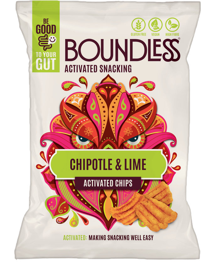 A sharing bag of Boundless Activated Chips featuring spicy chipotle and zesty lime flavour, made from sprouted sorghum, yellow pea flour, and seasoned with smoked paprika, cayenne, and lime powder for a sweet, smoky, and tangy snack