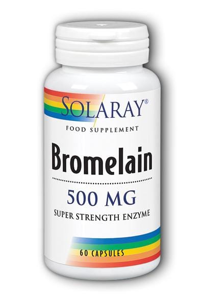 A close-up of Solaray Bromelain 500mg capsules, highlighting the pineapple stem-derived enzyme supplement in a clear container