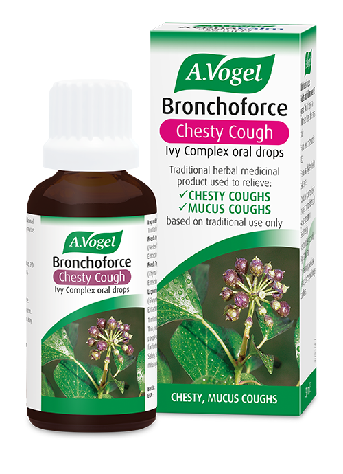 A 50ml bottle of Bronchoforce Chesty Cough herbal remedy, containing tinctures of ivy, thyme, liquorice root, with star anise and eucalyptus oils, designed to relieve chesty coughs, mucus, and catarrh in adults, children over 12, and the elderly