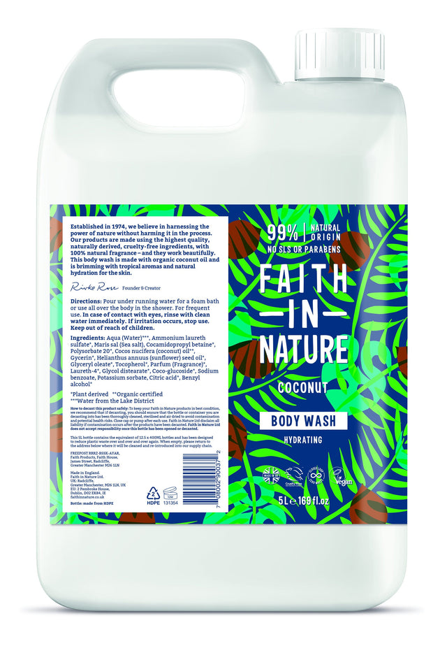 A large 5-litre bottle of Faith in Nature Coconut Body Wash with a clean, natural label featuring coconut imagery and ingredients list on a white background, showcasing the eco-friendly and organic skincare product