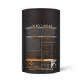 Close-up of the delicious organic Cacao + Collagen powder in a bowl, highlighting its smooth chocolate blend, botanical inclusions, and natural ingredients