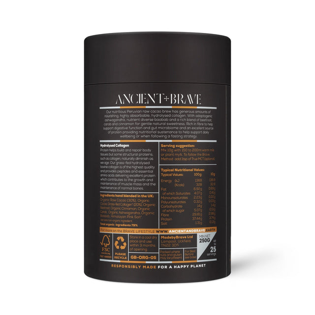 Close-up of the delicious organic Cacao + Collagen powder in a bowl, highlighting its smooth chocolate blend, botanical inclusions, and natural ingredients