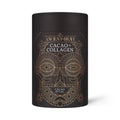 Richly textured image of Ancient and Brave Cacao + Collagen packaging showing the 250g product with organic cacao, collagen, and botanical ingredients
