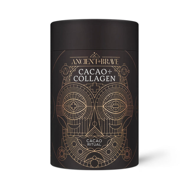 Richly textured image of Ancient and Brave Cacao + Collagen packaging showing the 250g product with organic cacao, collagen, and botanical ingredients