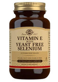 Close-up of Solgar Vitamin E with Yeast-Free Selenium 50-capsule bottle highlighting the product label and capsule details