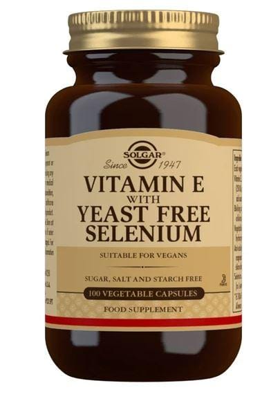 Close-up of Solgar Vitamin E with Yeast-Free Selenium 50-capsule bottle highlighting the product label and capsule details