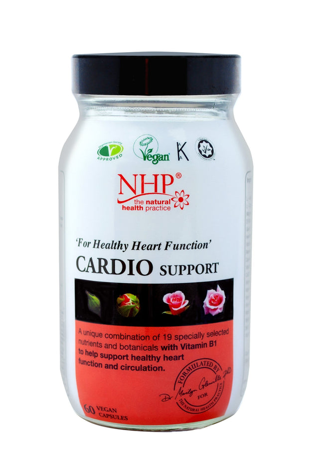 Vegan capsules of NHP Cardio Support supplement with various nutrients and botanicals