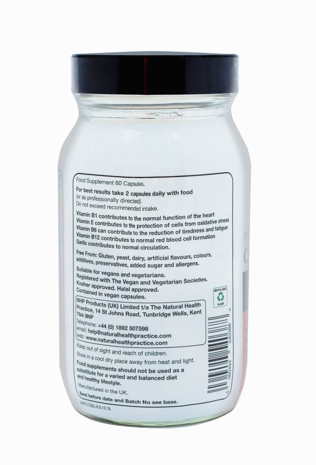 Close-up of the NHP Cardio Support bottle showing 60 capsules on a white background