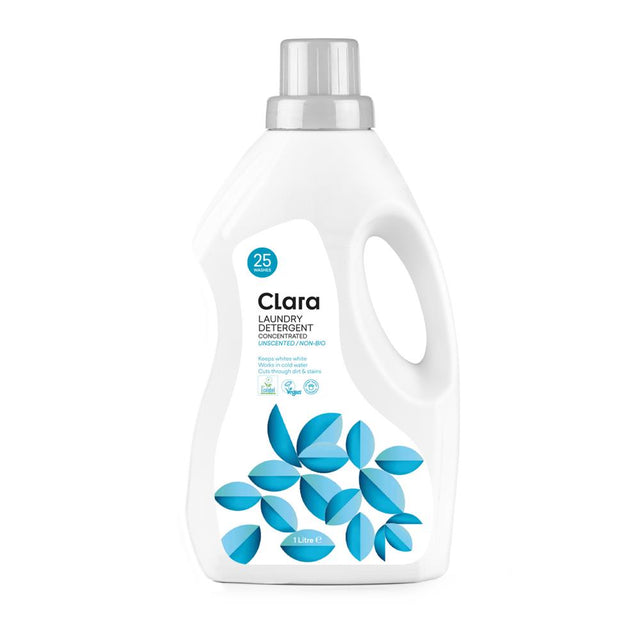 A 1-litre bottle of Clara Unscented Non-Bio Laundry Detergent, made from plant-based ingredients, designed for cold water washing, emphasising its eco-friendly, vegan, and fragrance-free qualities for sensitive skin