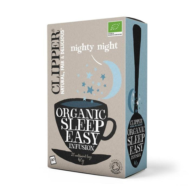 A box of Clipper Organic Sleep Easy Tea with 20 caffeine-free infusion tea bags featuring a colourful packaging displaying cinnamon, chamomile, valerian, and orange ingredients for promoting restful sleep