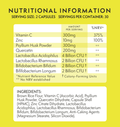 An image showing the capsules of Complete Me Daily Defence supplement alongside its packaging, emphasising probiotics, Vitamin C, Zinc, Psyllium Husk, and Quercetin ingredients