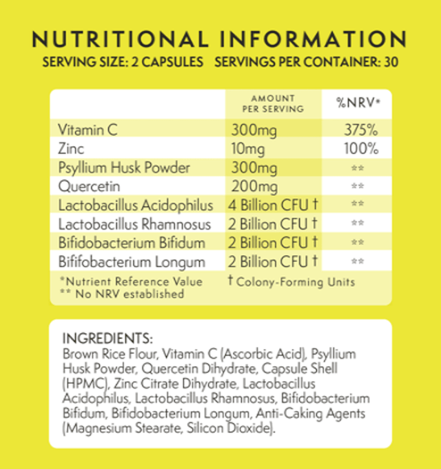 An image showing the capsules of Complete Me Daily Defence supplement alongside its packaging, emphasising probiotics, Vitamin C, Zinc, Psyllium Husk, and Quercetin ingredients