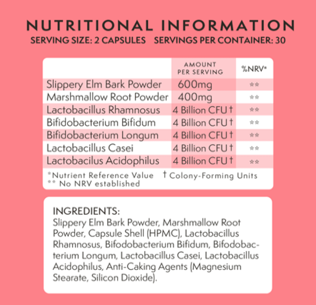 Close-up of the Complete Me Goody Guts 60 capsules bottle displaying probiotic strains, herbal powders, and capsule shell