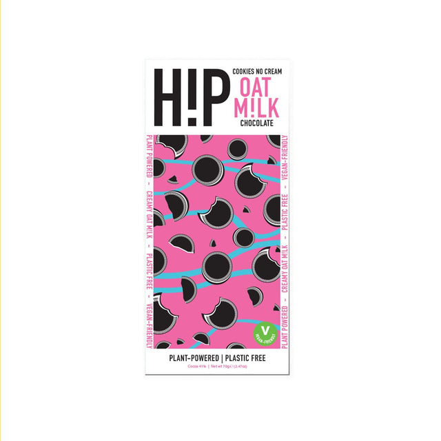 A 70g Hip Cookies No Cream oat milk chocolate bar featuring crunchy biscuit pieces embedded in smooth, creamy Colombian oat milk chocolate with ingredients like dried gluten-free oat powder, cocoa mass, and vanilla extract