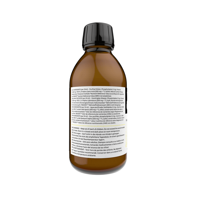 Close-up of the Youth & Earth Liposomal R'Alpha-Lipoic Acid & Vitamin C Lemon flavoured liquid in a glass dropper bottle