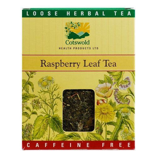 A clear image of Cotswold Health Products Raspberry Leaf Tea in a 100g package, showcasing the herbal tea leaves used to support pregnancy and labour, with a description highlighting its benefits for toning the uterus and aiding delivery