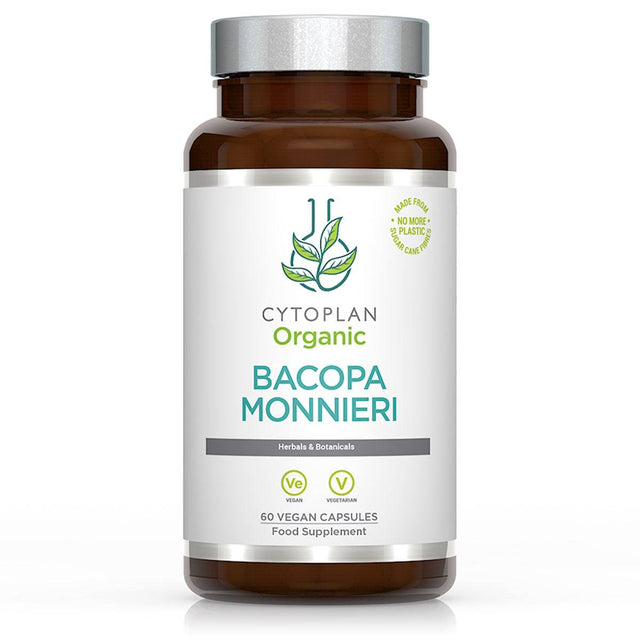 A bottle of Cytoplan Bacopa Monnieri 500mg capsules, showcasing 60 herbal capsules made from organic Bacopa Monnieri in vegetable cellulose, used traditionally in Ayurvedic medicine for cognitive support