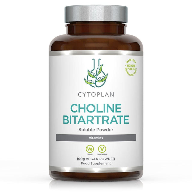A close-up of Cytoplan Choline Bitartrate Powder 100g, showing the fine white soluble powder used as a dietary supplement to support fat metabolism and liver health