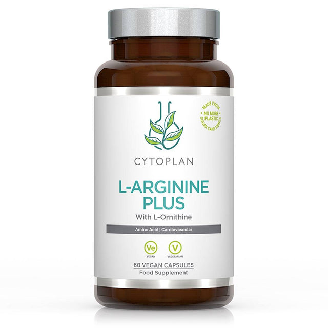 A close-up of Cytoplan L-Arginine Plus 500mg capsules in a clear container, highlighting the easy-to-swallow vegetable capsules containing amino acids like L-Arginine and L-Ornithine, important for circulation and protein synthesis