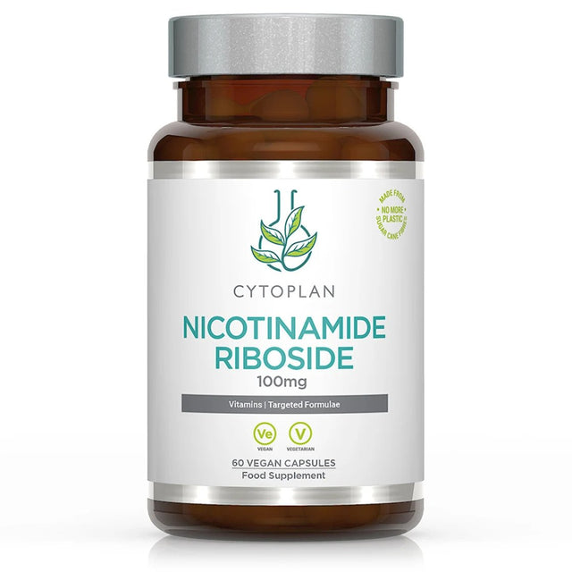 A close-up of Cytoplan Nicotinamide Riboside 100mg capsules in a bottle, highlighting the supplement's packaging and product label