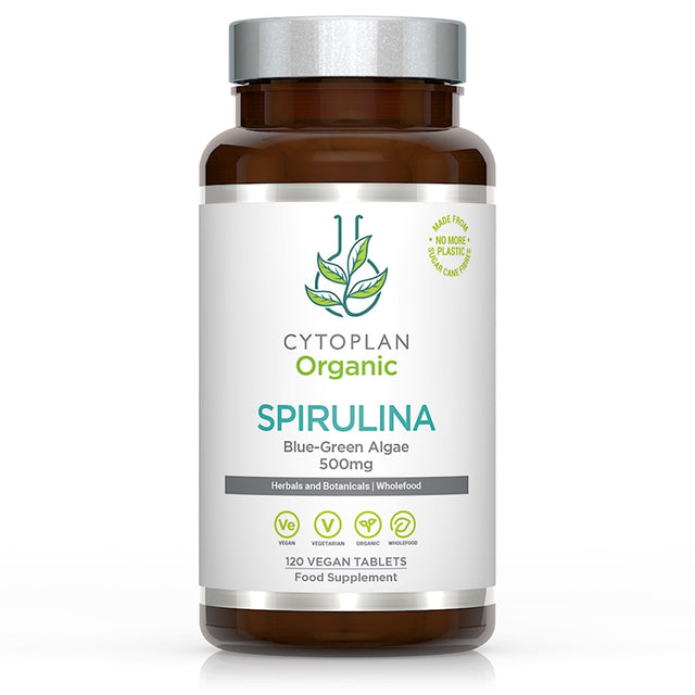 A bottle of Cytoplan Organic Spirulina tablets containing 120 pure, additive-free spirulina tablets made from blue-green algae with natural chlorophyll content