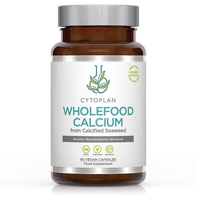 A close-up image of Cytoplan Wholefood Vegan Calcium capsules, showing 60 vegetable capsules made from organic calcified seaweed harvested off Ireland’s southwest coast, highlighting their natural, porous surface and vegan certification