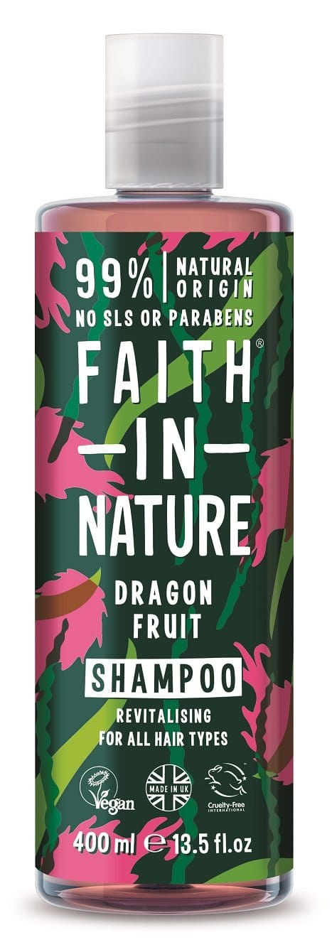 A 400ml bottle of Faith in Nature Dragonfruit Shampoo featuring a colourful label with images of dragonfruit and natural ingredients, designed for nourishing hair with plant-based components
