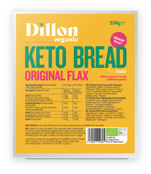 A sliced Dillon Organic Original Flax Keto Bread half loaf showcasing its texture and seeds, ideal for healthy, low-carb, vegan, and gluten-free sandwiches or toast