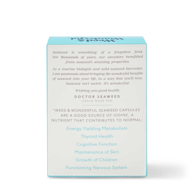 Close-up of Doctor Seaweed's Weed & Wonderful seaweed capsules highlighting their vegan, natural composition